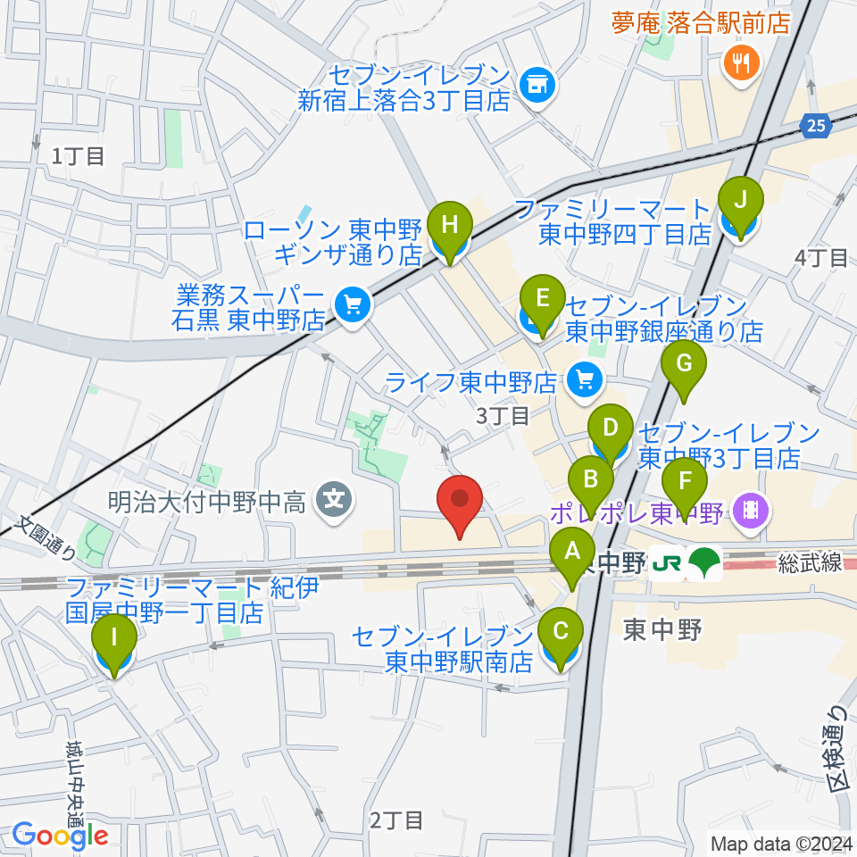 東中野カフェ・ド・リヨン周辺のコンビニエンスストア一覧地図