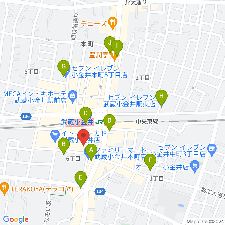 小金井 宮地楽器ホール周辺のコンビニエンスストア一覧地図