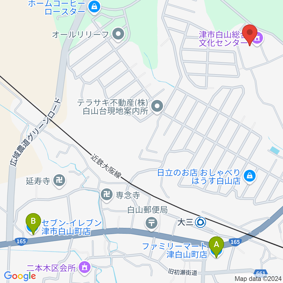 津市白山総合文化センター周辺のコンビニエンスストア一覧地図