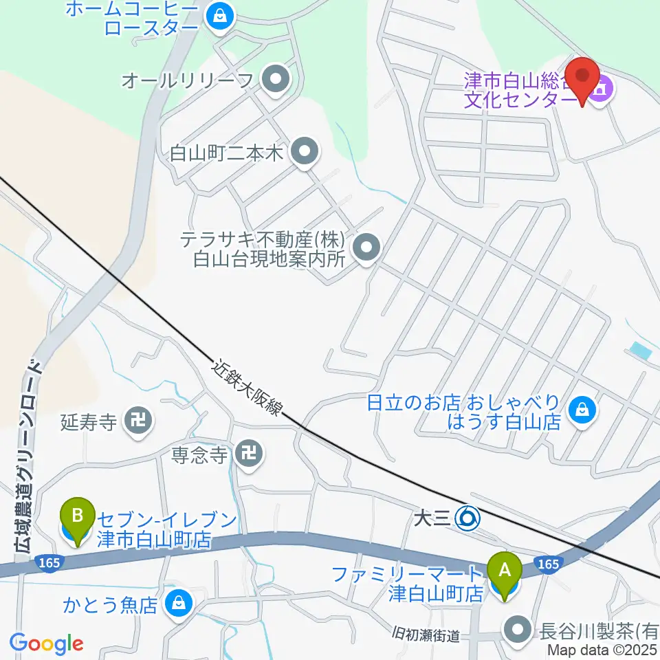 津市白山総合文化センター周辺のコンビニエンスストア一覧地図