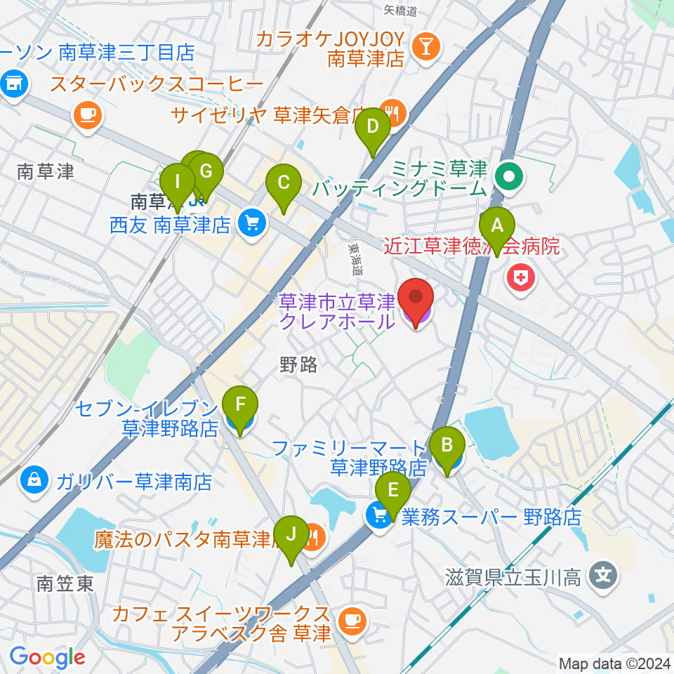 草津クレアホール周辺のコンビニエンスストア一覧地図