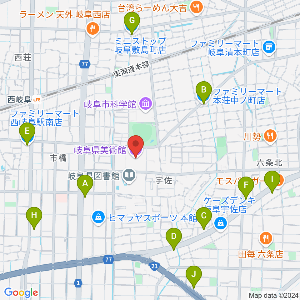 岐阜県美術館周辺のコンビニエンスストア一覧地図