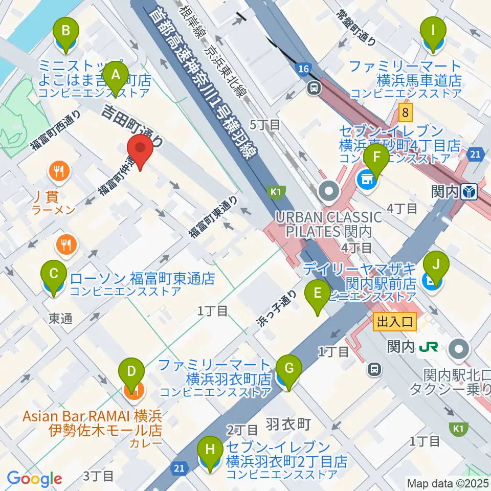 関内リトルジョン周辺のコンビニエンスストア一覧地図