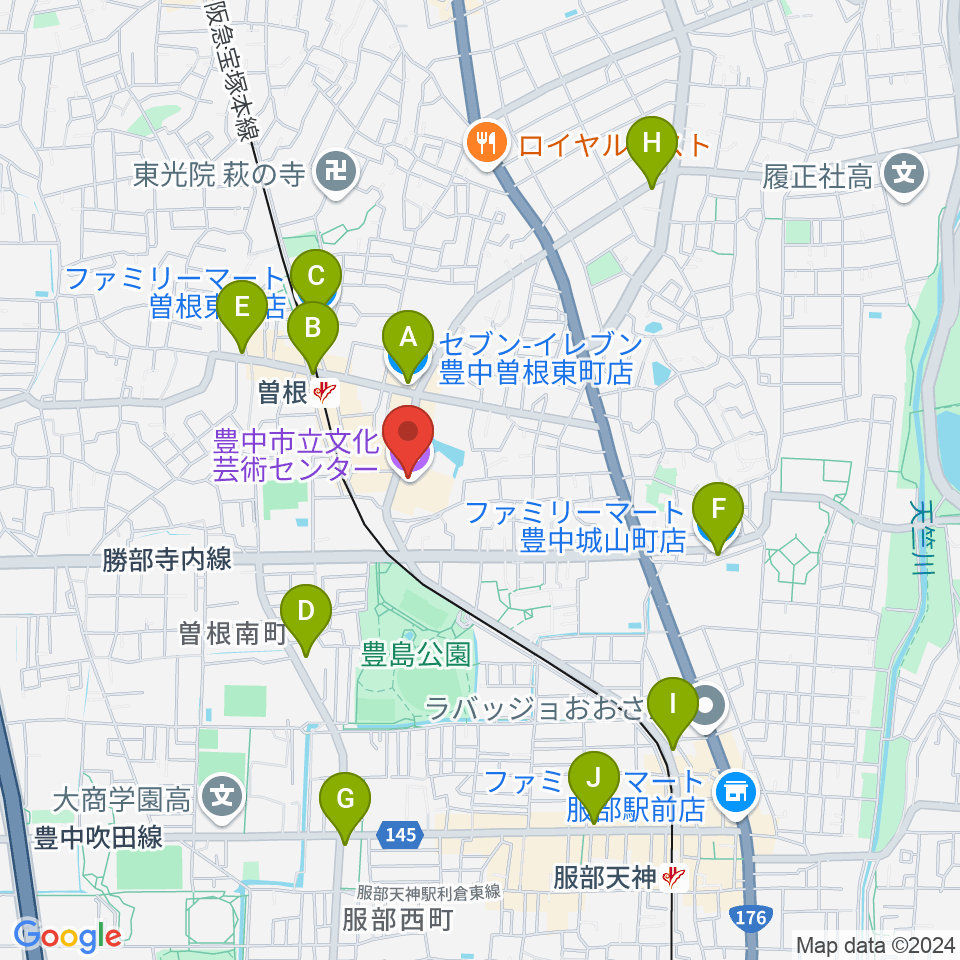 豊中市立文化芸術センター周辺のコンビニエンスストア一覧地図