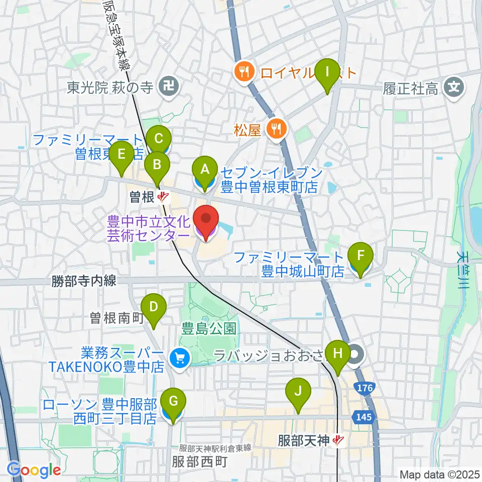 豊中市立文化芸術センター周辺のコンビニエンスストア一覧地図