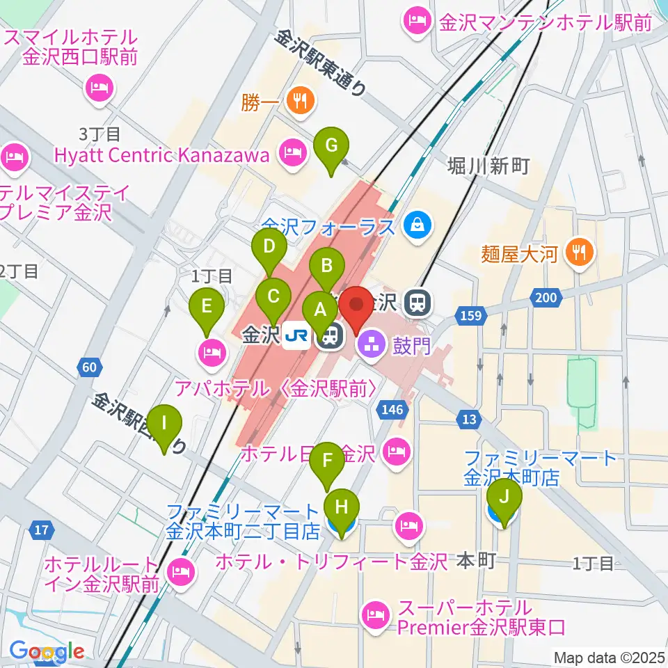 金沢駅東もてなしドーム地下広場周辺のコンビニエンスストア一覧地図