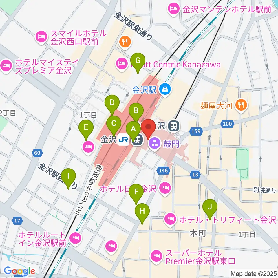 金沢駅東もてなしドーム地下広場周辺のコンビニエンスストア一覧地図