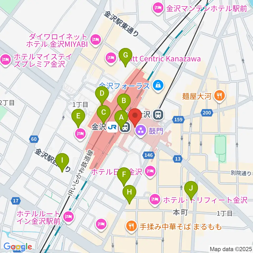 金沢駅東もてなしドーム地下広場周辺のコンビニエンスストア一覧地図