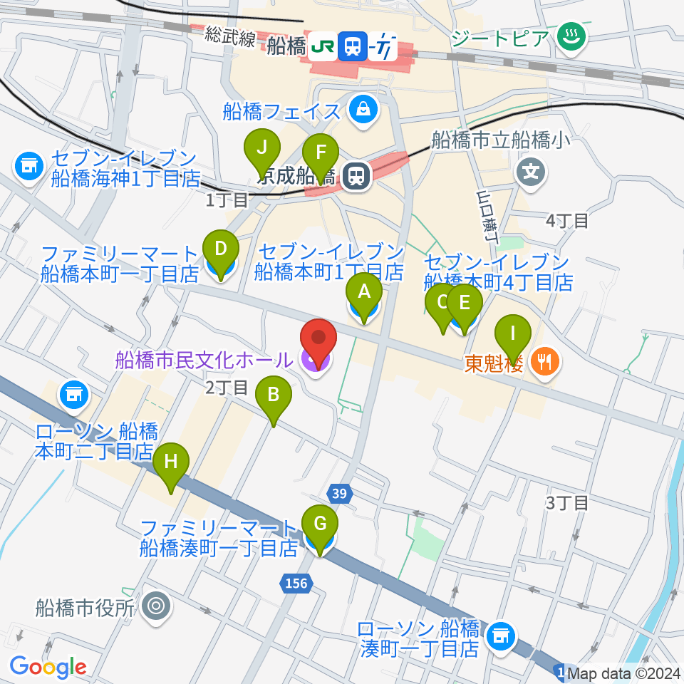 船橋市民文化ホール周辺のコンビニエンスストア一覧地図