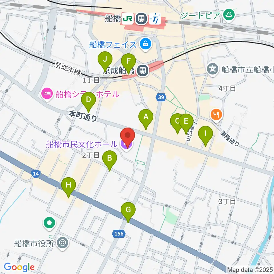 船橋市民文化ホール周辺のコンビニエンスストア一覧地図