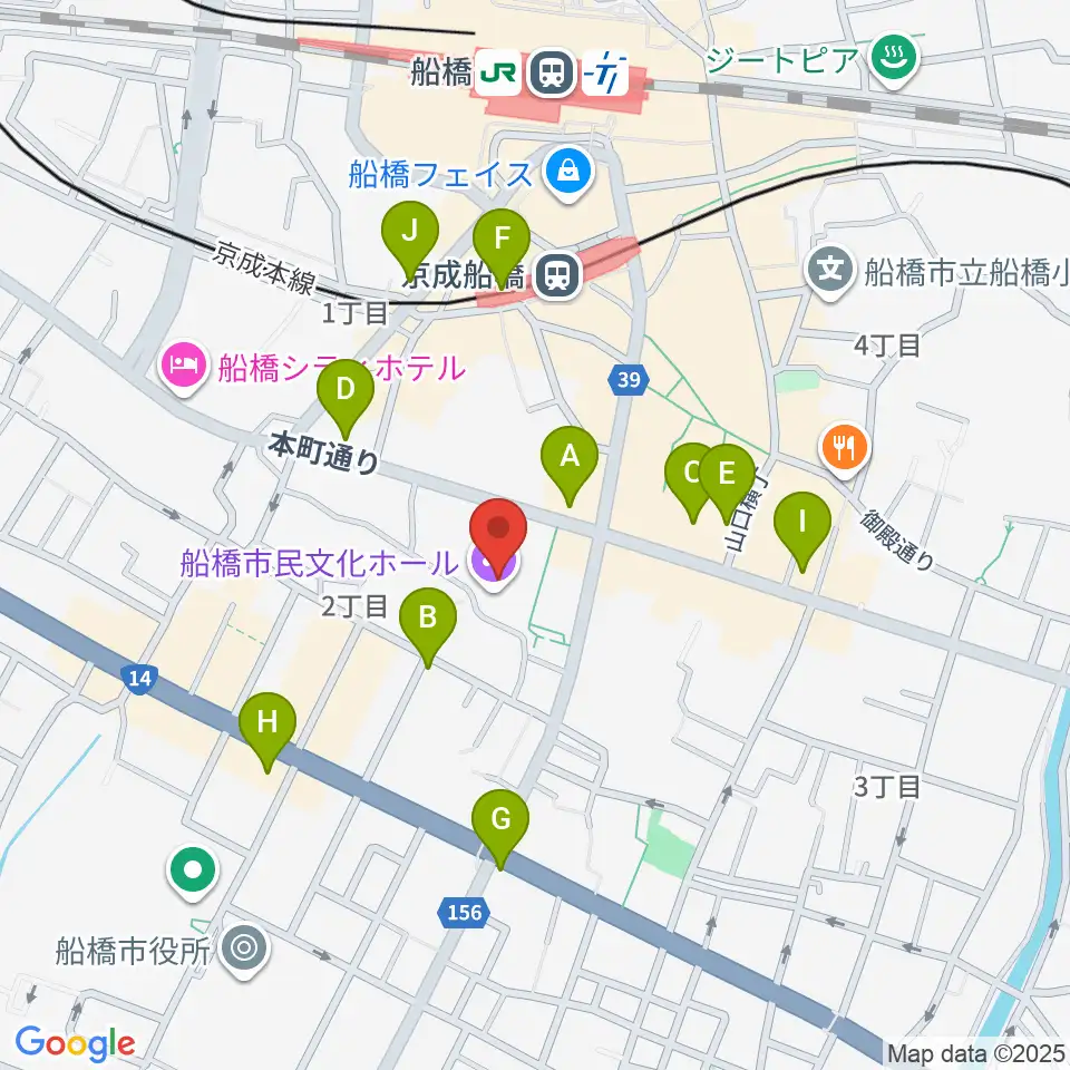 船橋市民文化ホール周辺のコンビニエンスストア一覧地図