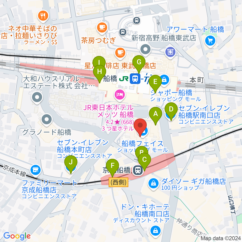 船橋市民文化創造館 きららホール周辺のコンビニエンスストア一覧地図