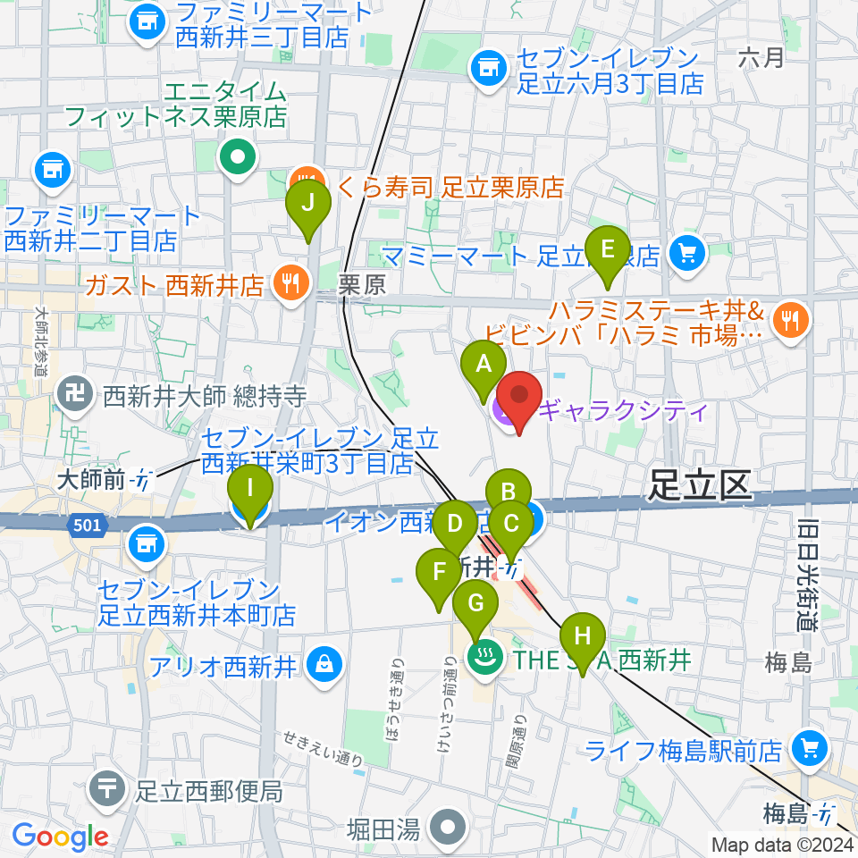 西新井文化ホール（ギャラクホール）周辺のコンビニエンスストア一覧地図