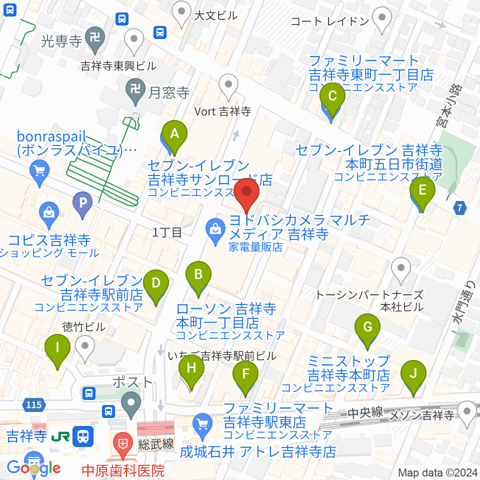 吉祥寺スターパインズカフェ周辺のコンビニエンスストア一覧地図