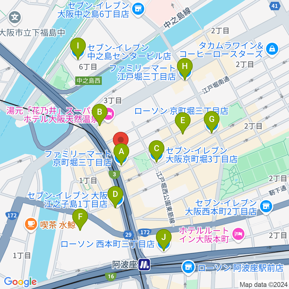 阿波座マーサ周辺のコンビニエンスストア一覧地図