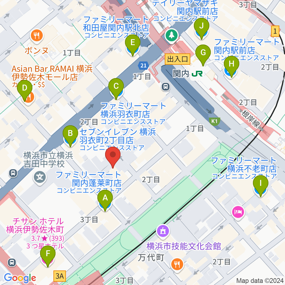 横浜バロック関内サロン周辺のコンビニエンスストア一覧地図