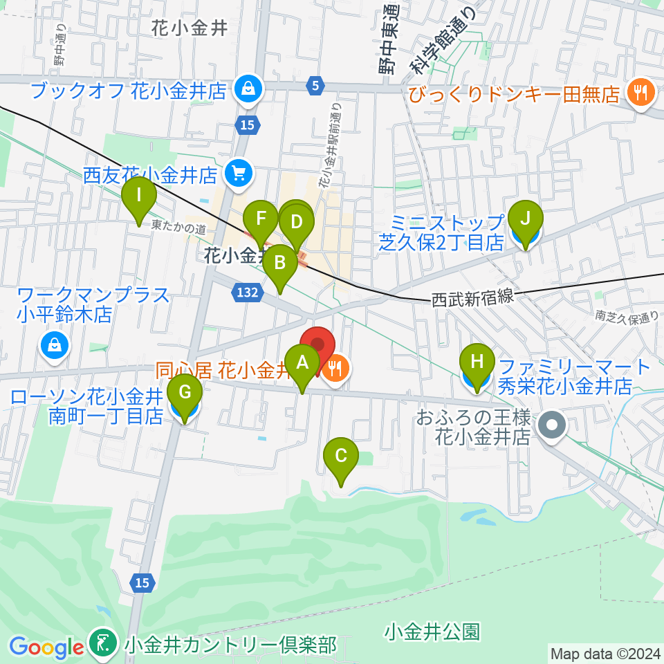 小平ギター＆ピアノ教室 花小金井校周辺のコンビニエンスストア一覧地図