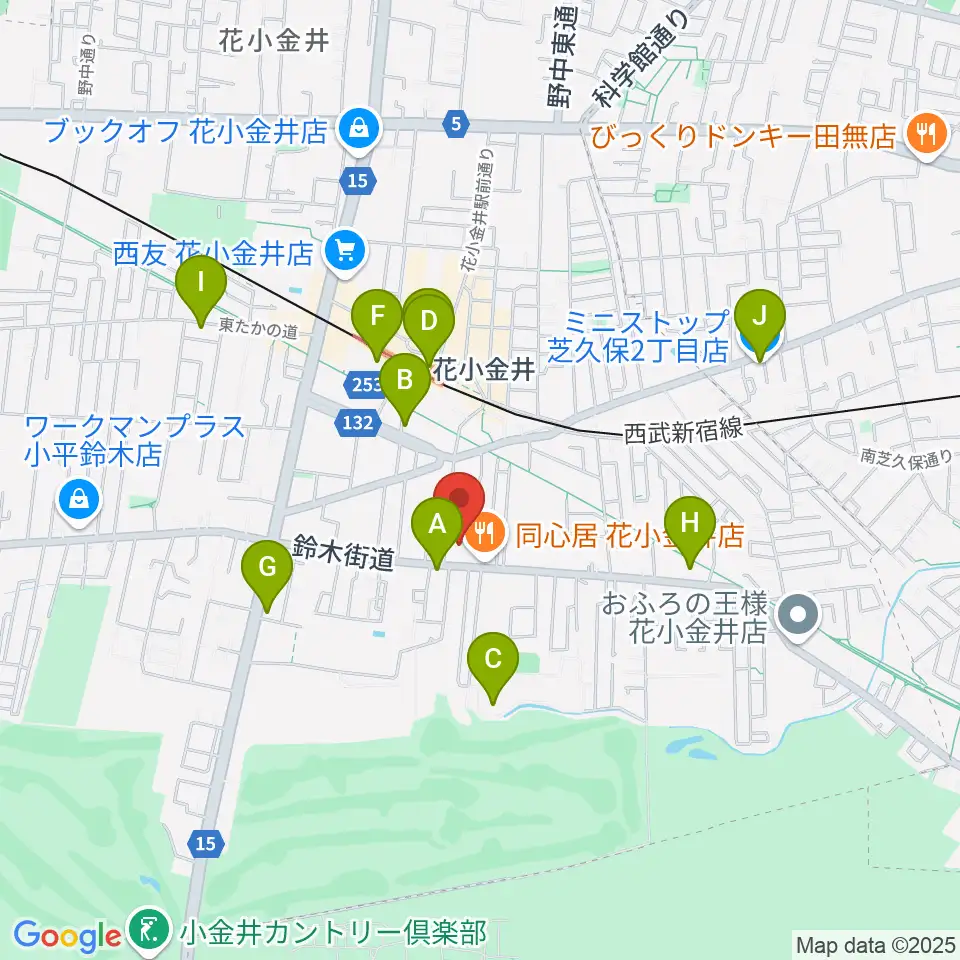 小平ギター＆ピアノ教室 花小金井校周辺のコンビニエンスストア一覧地図