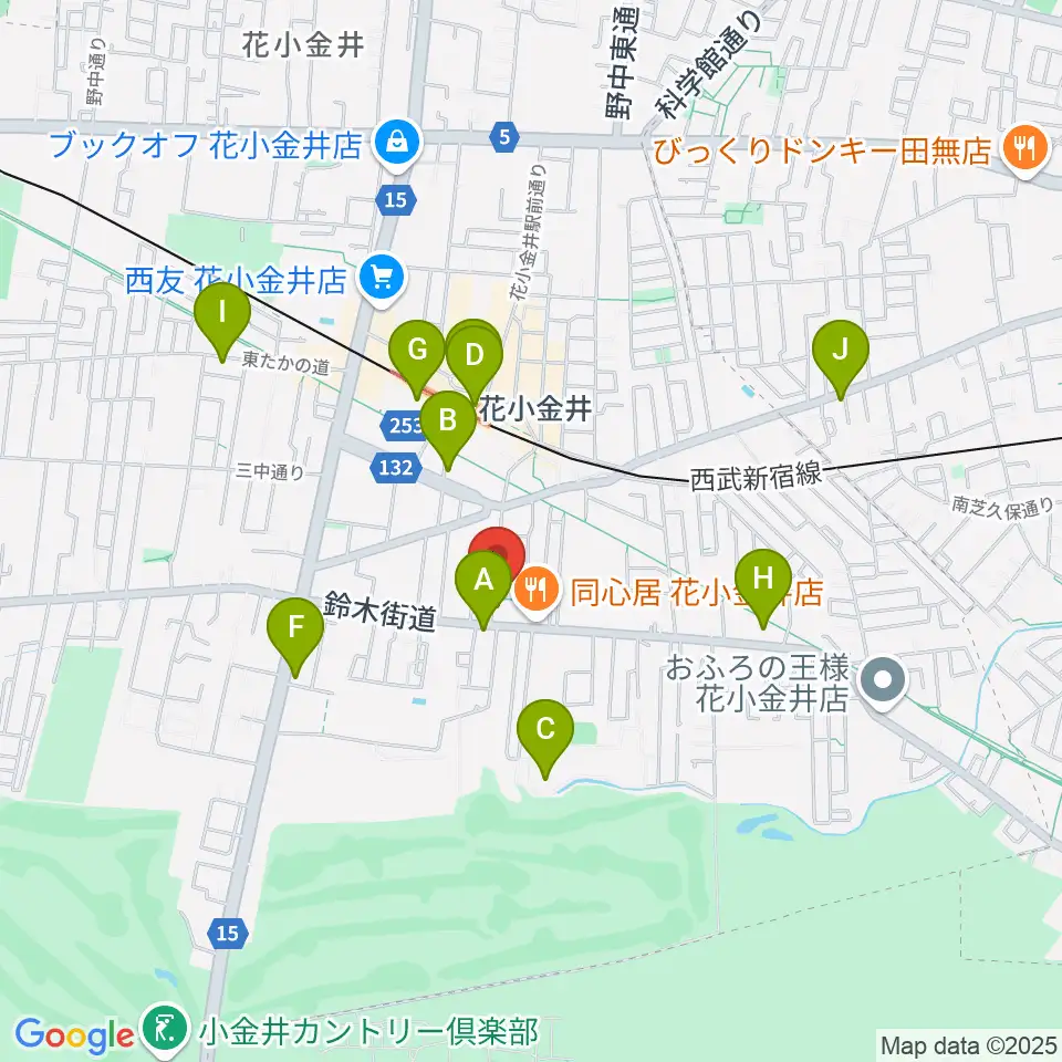 小平ギター&ピアノ教室 花小金井校周辺のコンビニエンスストア一覧地図