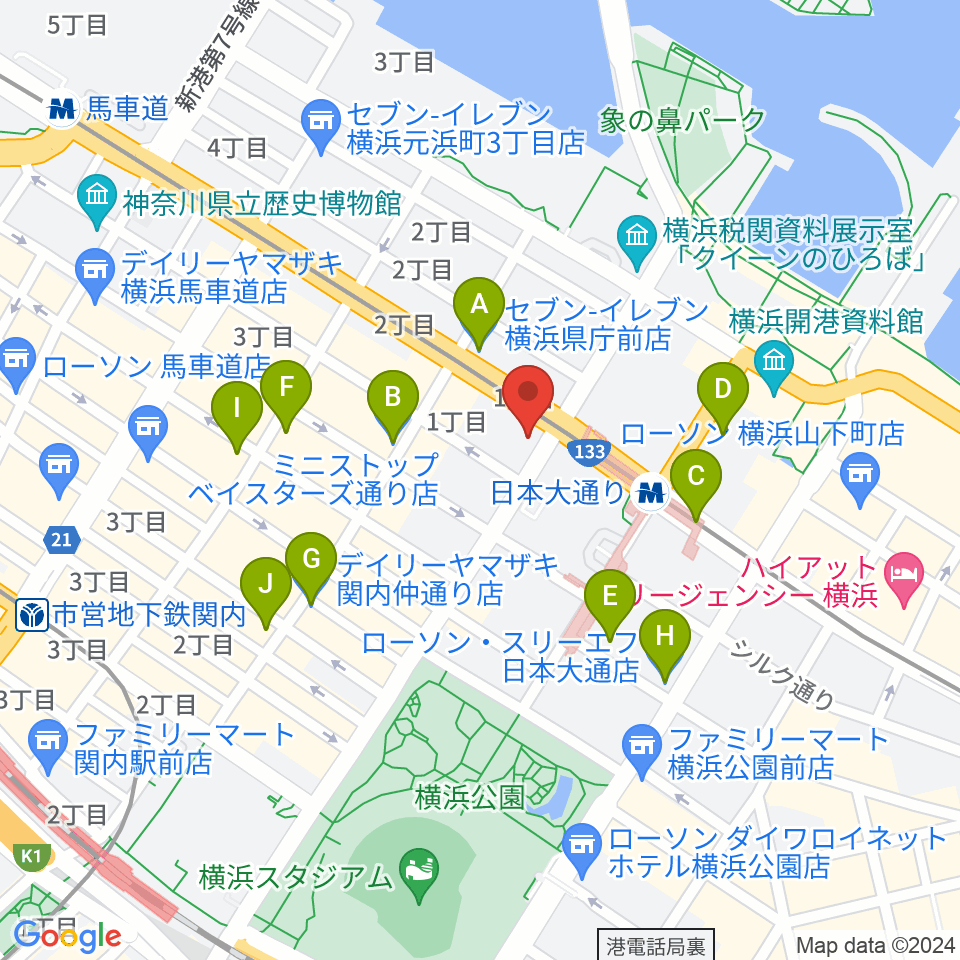 横浜市開港記念会館周辺のコンビニエンスストア一覧地図