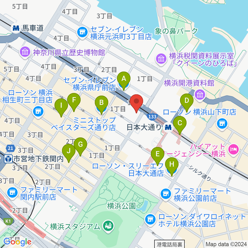 横浜市開港記念会館周辺のコンビニエンスストア一覧地図