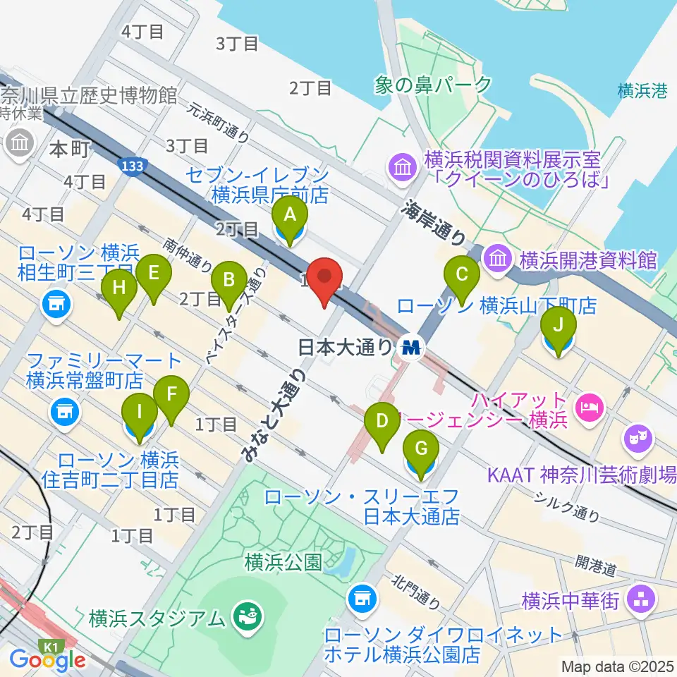 横浜市開港記念会館周辺のコンビニエンスストア一覧地図
