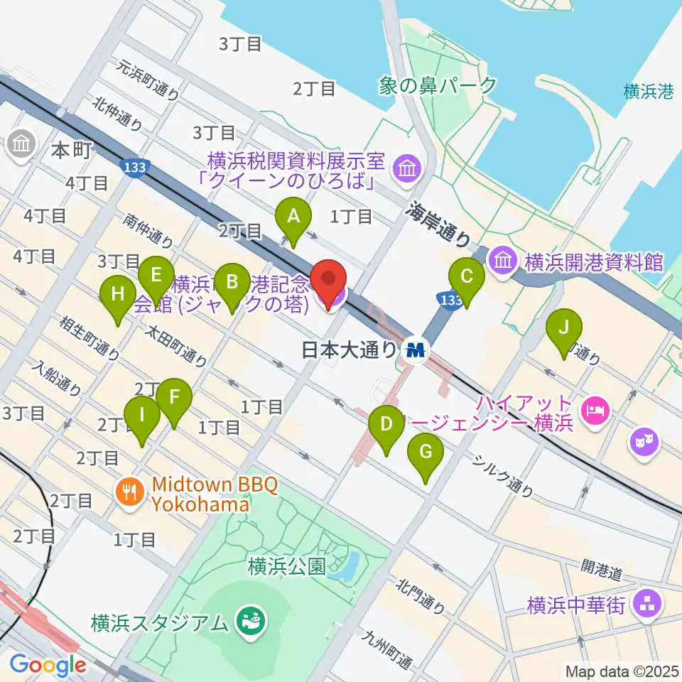 横浜市開港記念会館周辺のコンビニエンスストア一覧地図