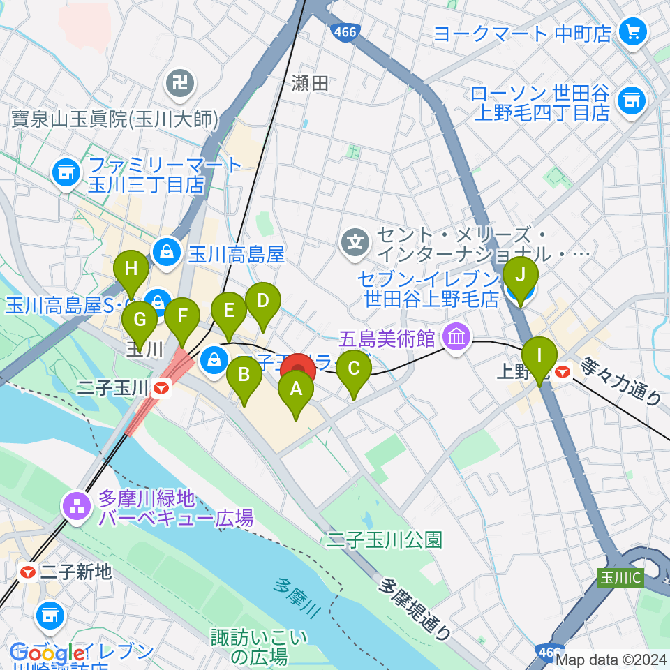 イッツコムスタジオ＆ホール二子玉川ライズ周辺のコンビニエンスストア一覧地図