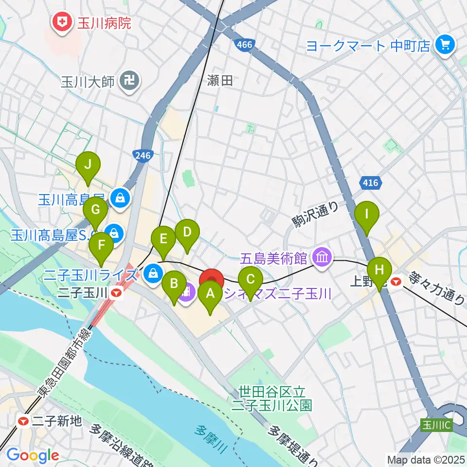 イッツコムスタジオ＆ホール二子玉川ライズ周辺のコンビニエンスストア一覧地図