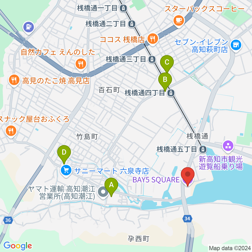 高知BAY5 SQUARE周辺のコンビニエンスストア一覧地図