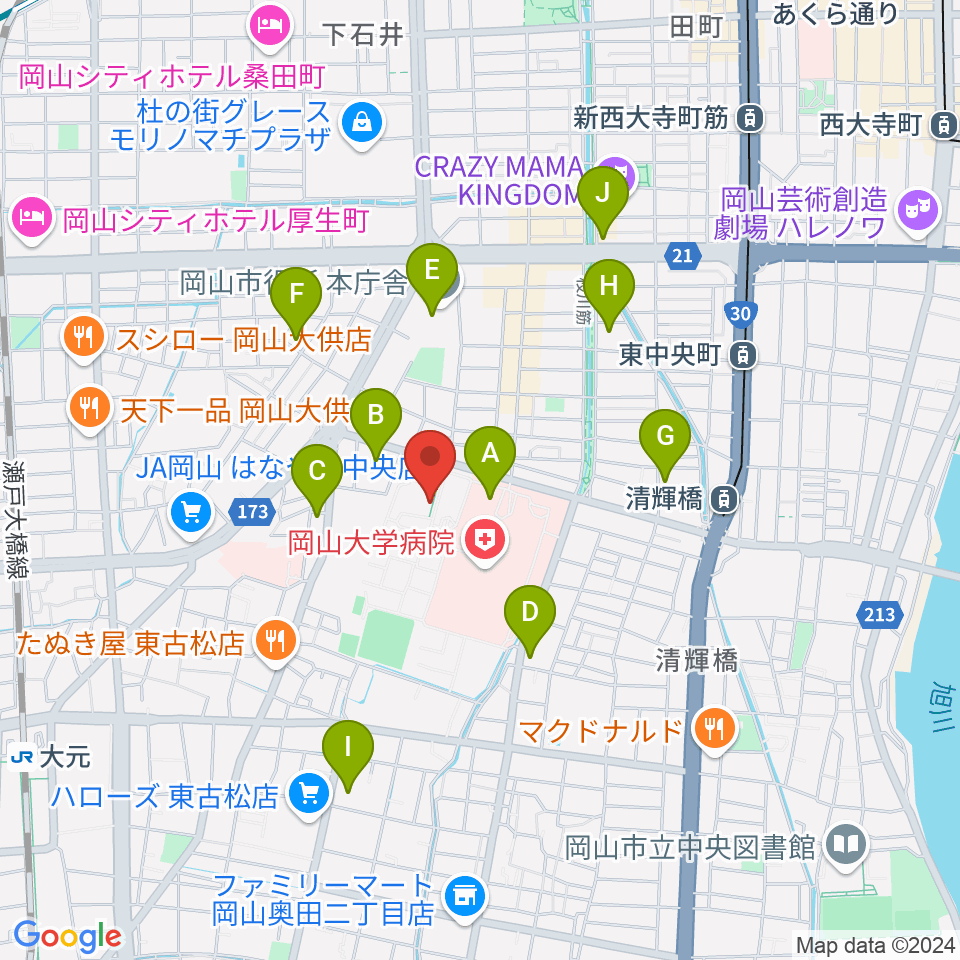 岡山大学 Jホール周辺のコンビニエンスストア一覧地図