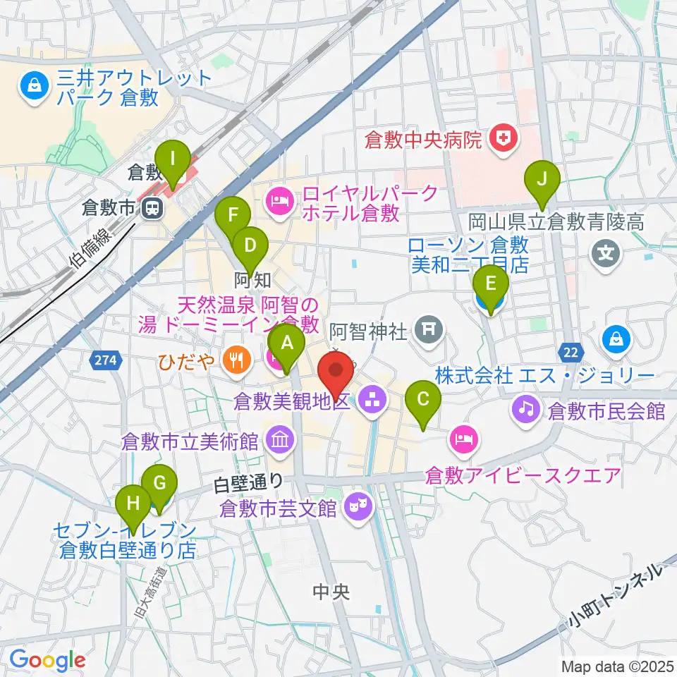 大原美術館周辺のコンビニエンスストア一覧地図