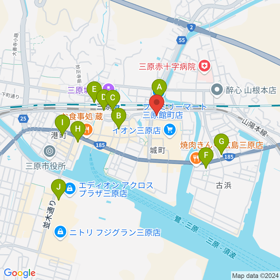 ワタナベミュージックラボ 三原本店周辺のコンビニエンスストア一覧地図