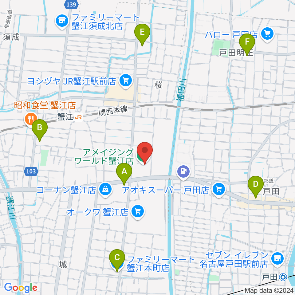 ミュージックサロン蟹江 ピアノショップ周辺のコンビニエンスストア一覧地図