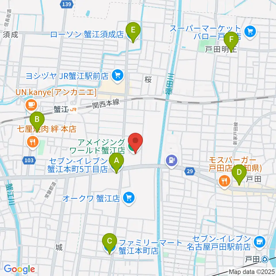 ミュージックサロン蟹江 ピアノショップ周辺のコンビニエンスストア一覧地図