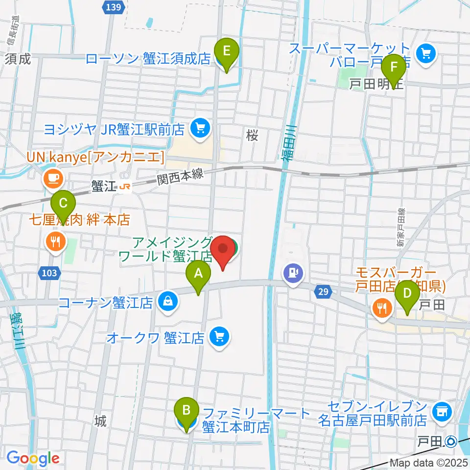矢木楽器店 ミュージックサロン蟹江周辺のコンビニエンスストア一覧地図