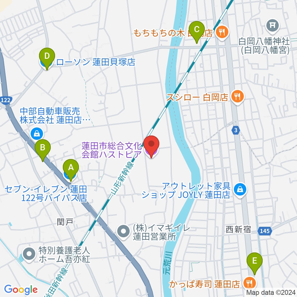 蓮田市総合文化会館ハストピア周辺のコンビニエンスストア一覧地図