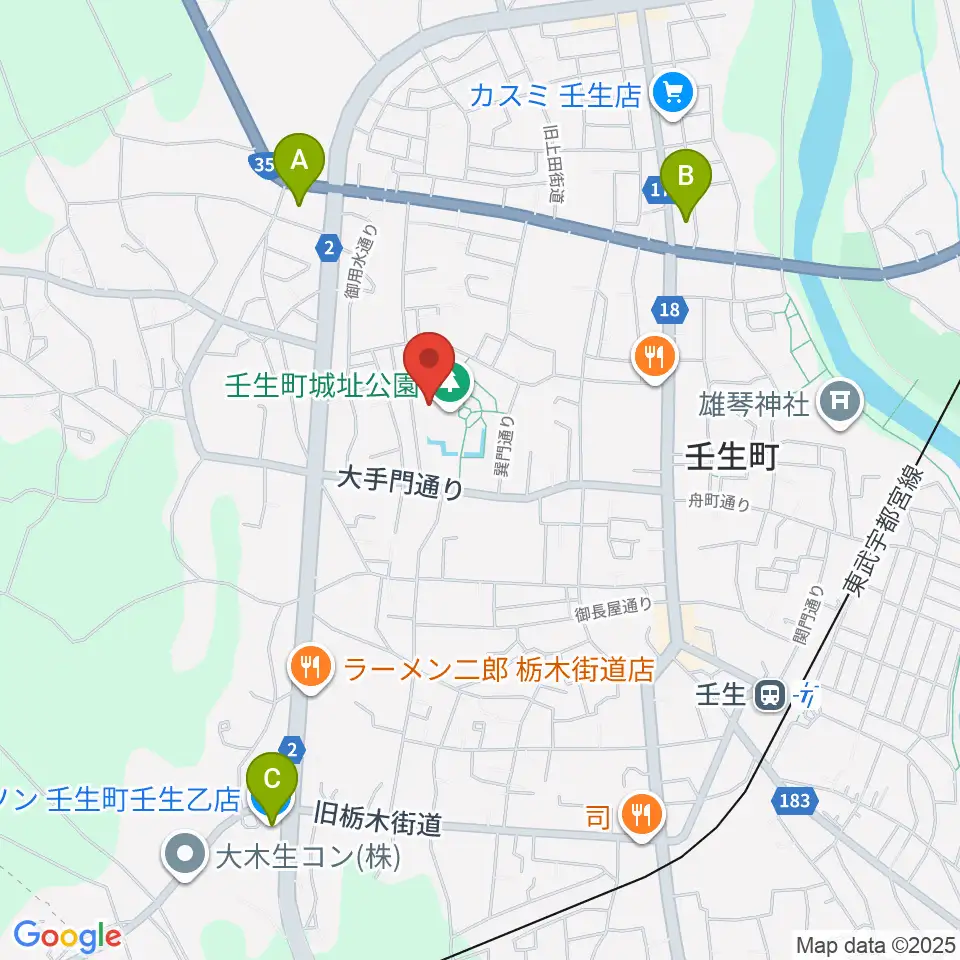 城址公園ホール 壬生中央公民館周辺のコンビニエンスストア一覧地図