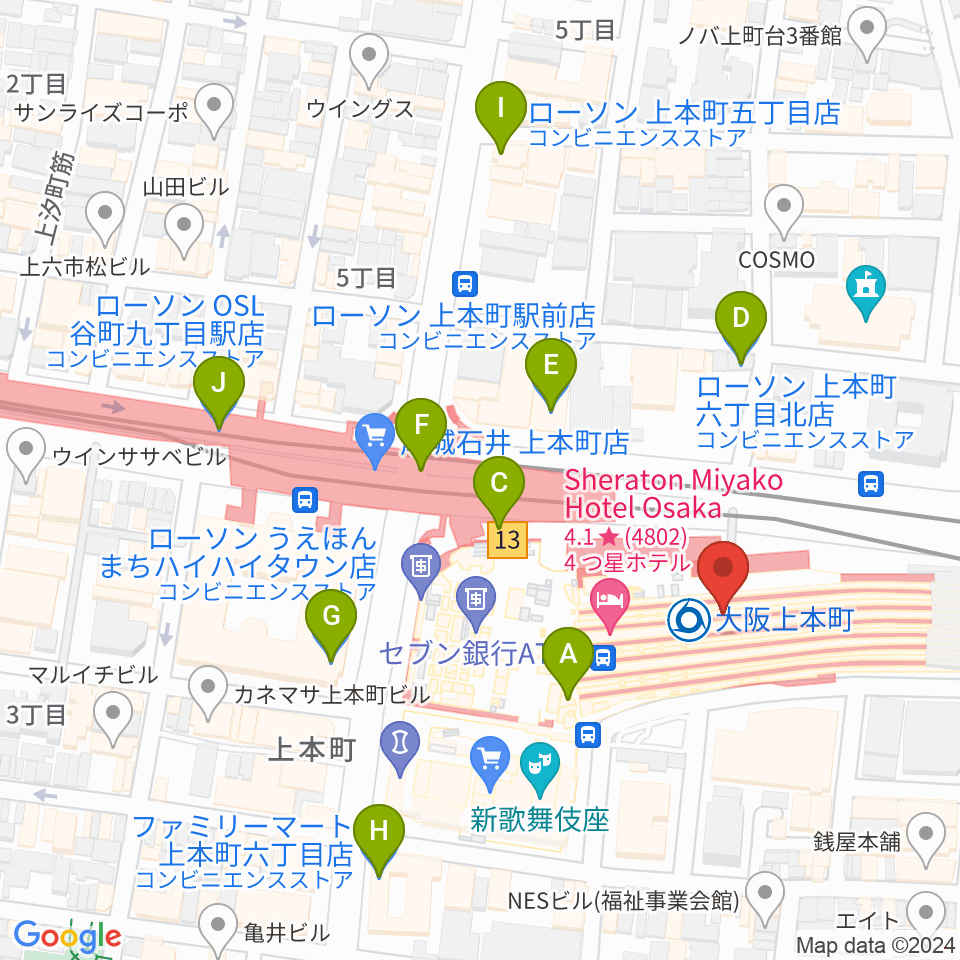 小阪楽器 上本町近鉄店周辺のコンビニエンスストア一覧地図