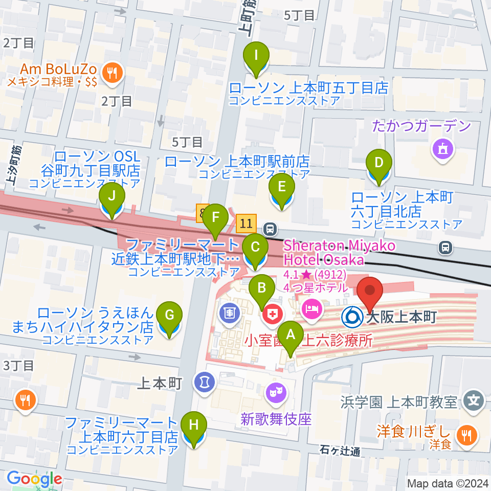 小阪楽器 上本町近鉄店周辺のコンビニエンスストア一覧地図