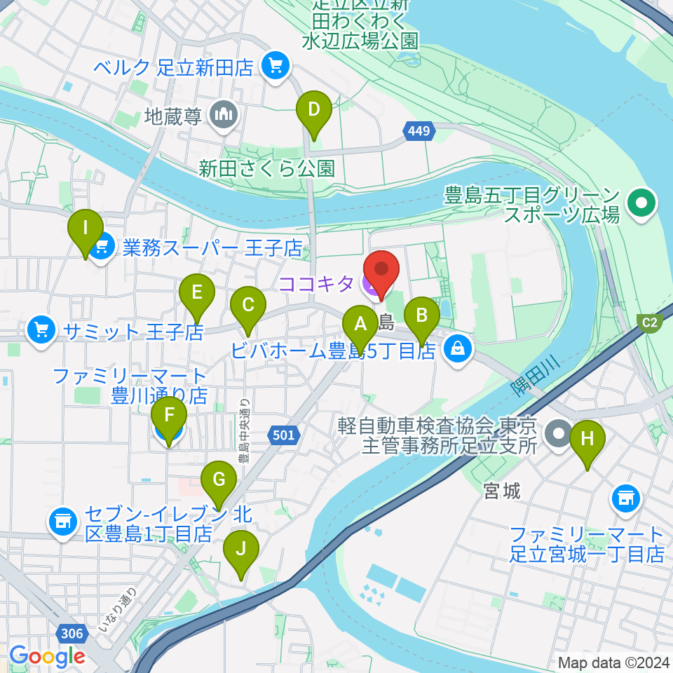 ココキタ周辺のコンビニエンスストア一覧地図