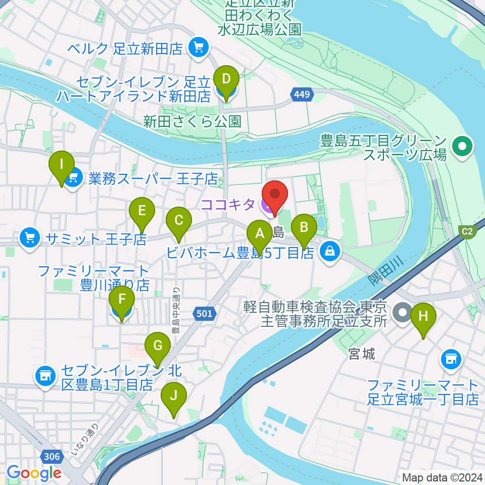 ココキタ周辺のコンビニエンスストア一覧地図