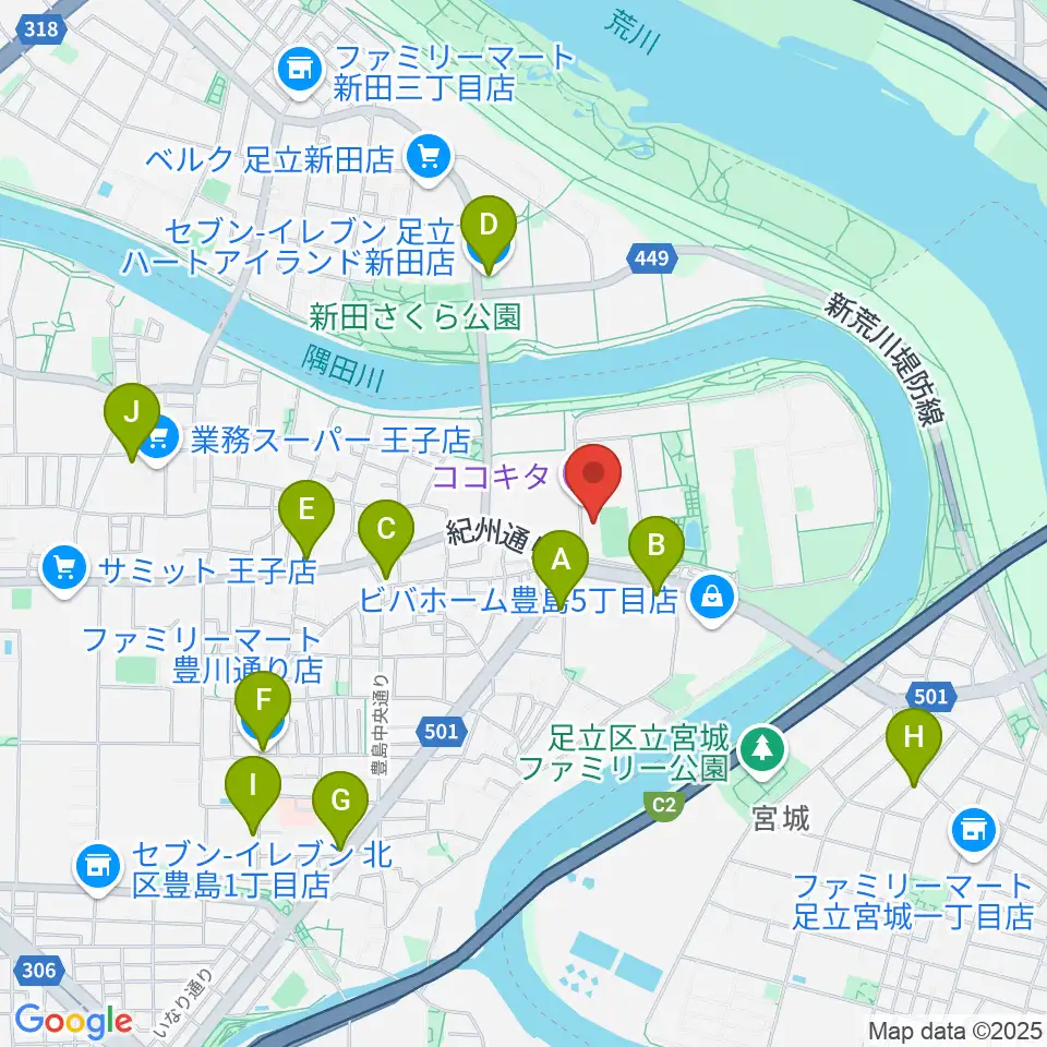ココキタ周辺のコンビニエンスストア一覧地図