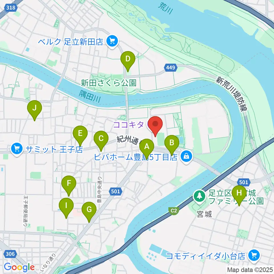 ココキタ周辺のコンビニエンスストア一覧地図