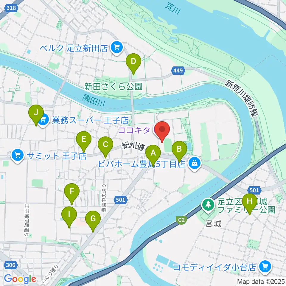 ココキタ周辺のコンビニエンスストア一覧地図