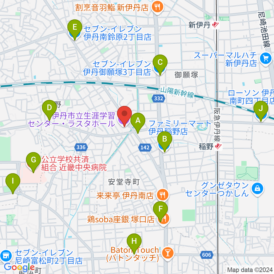 ラスタホール（伊丹市立生涯学習センター） 周辺のコンビニエンスストア一覧地図