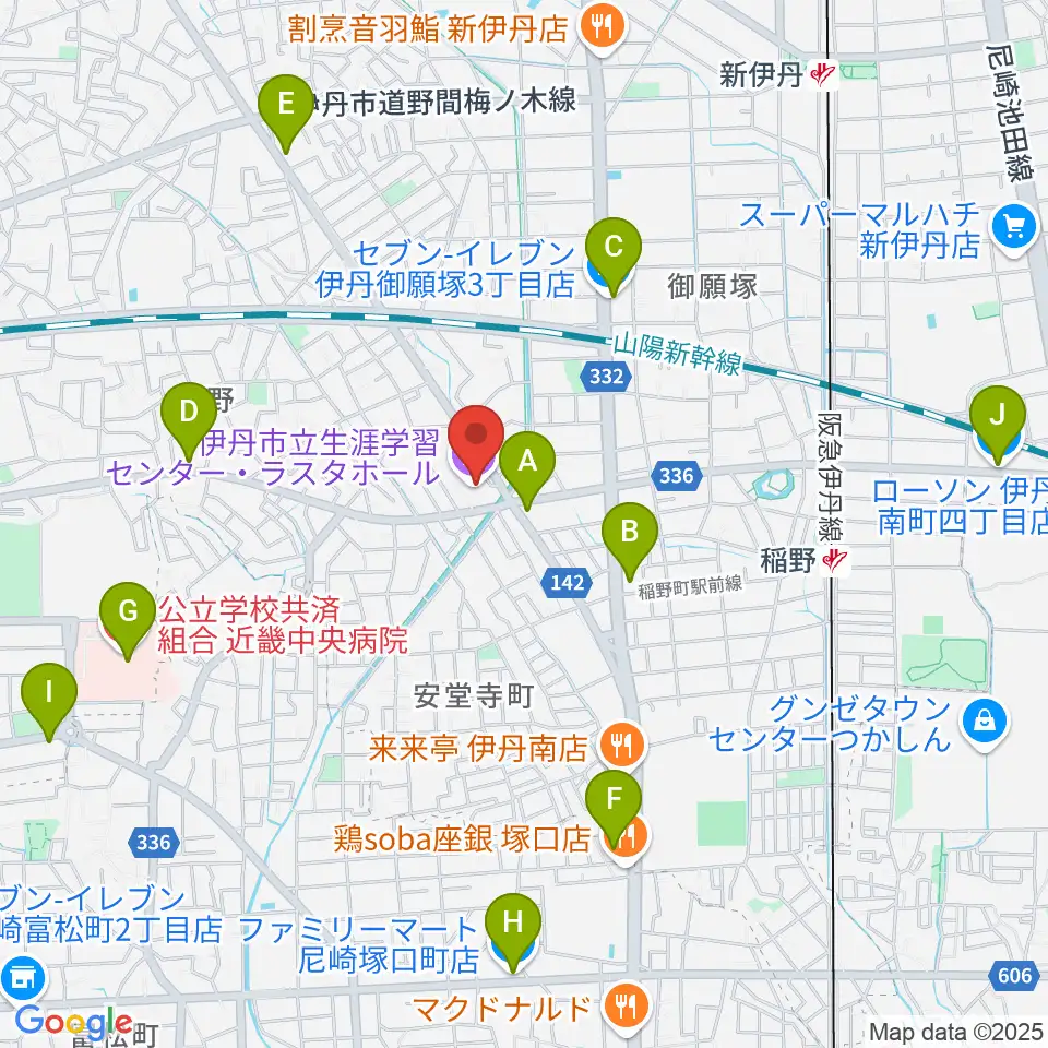ラスタホール(伊丹市立生涯学習センター) 周辺のコンビニエンスストア一覧地図
