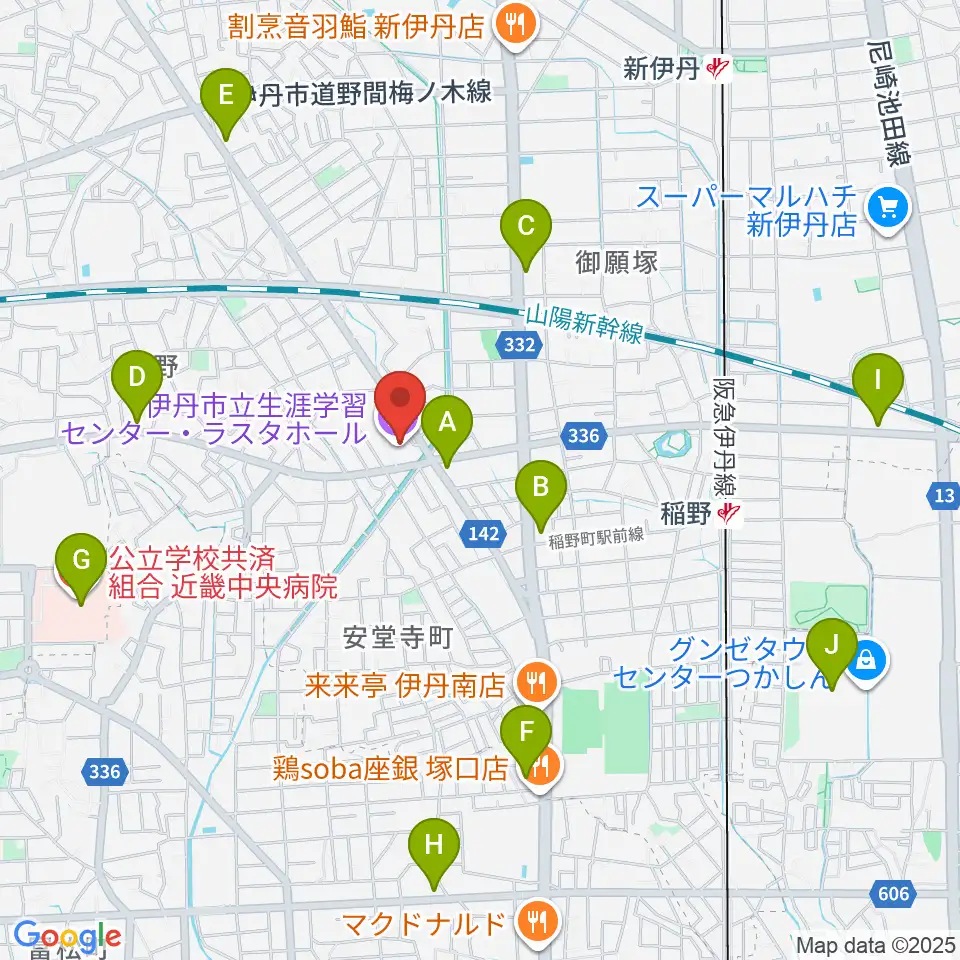 ラスタホール(伊丹市立生涯学習センター) 周辺のコンビニエンスストア一覧地図