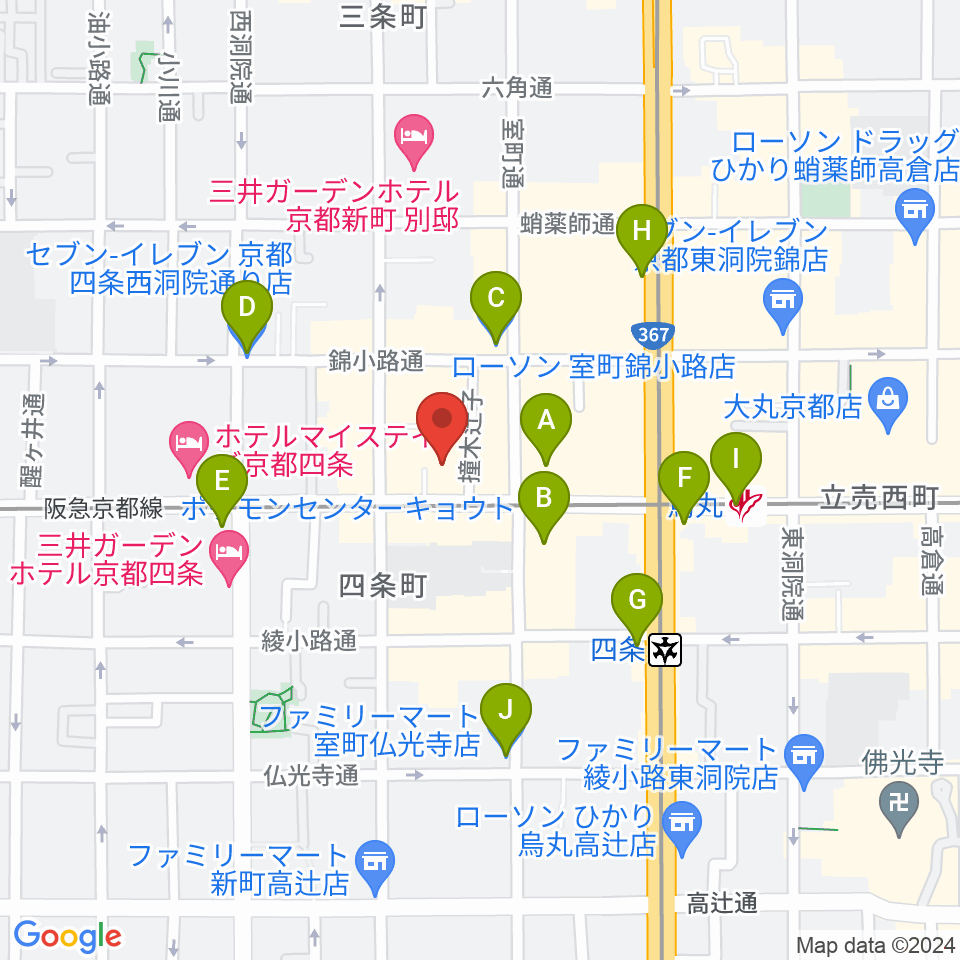 ヴィルトゥオーゾ京都四条烏丸店周辺のコンビニエンスストア一覧地図