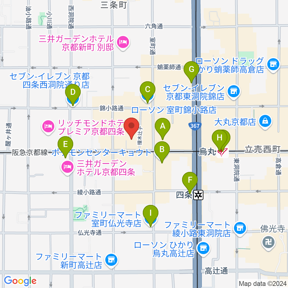 ヴィルトゥオーゾ京都四条烏丸店周辺のコンビニエンスストア一覧地図